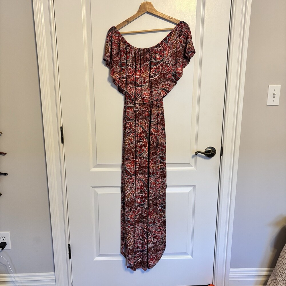 Women's Red Paisley Off Shoulder Ruffle  Sleeve Maxi Dress with Pockets Size L